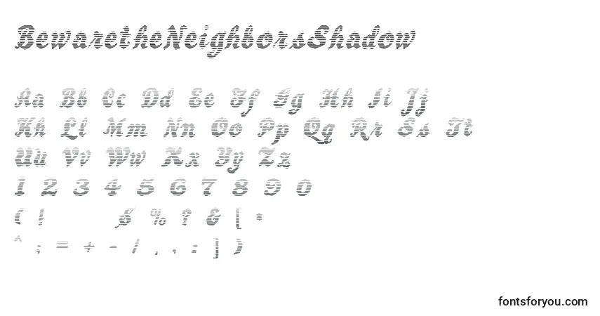 A fonte BewaretheNeighborsShadow – alfabeto, números, caracteres especiais