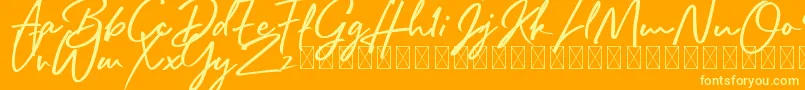 Więcej informacji o czcionce Rafttel Script DEMO Czcionka Rafttel Script DEMO – żółte czcionki na pomarańczowym tle