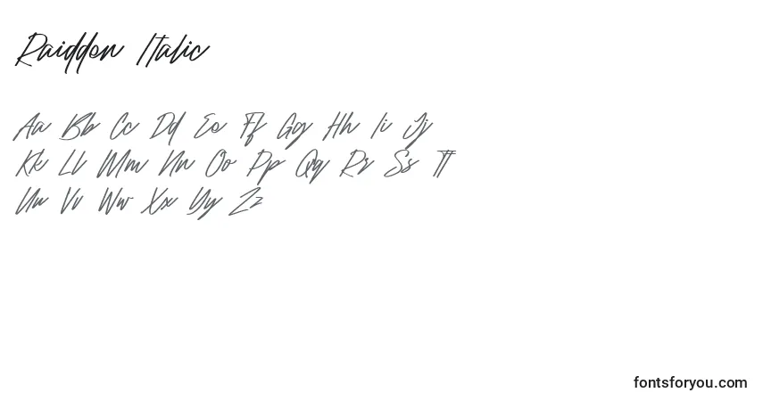 Шрифт Raidden Italic – алфавит, цифры, специальные символы