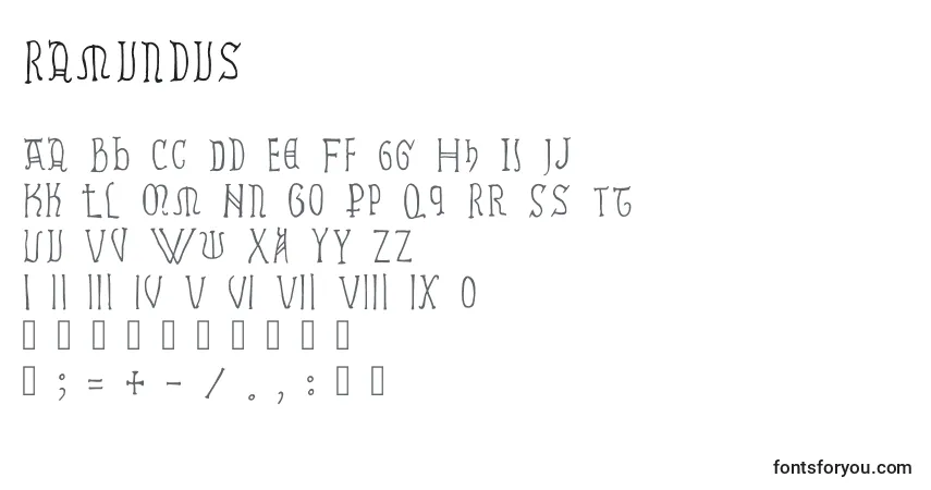 A fonte Ramundus (138147) – alfabeto, números, caracteres especiais