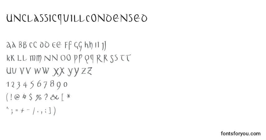 A fonte UnclassicquillCondensed – alfabeto, números, caracteres especiais