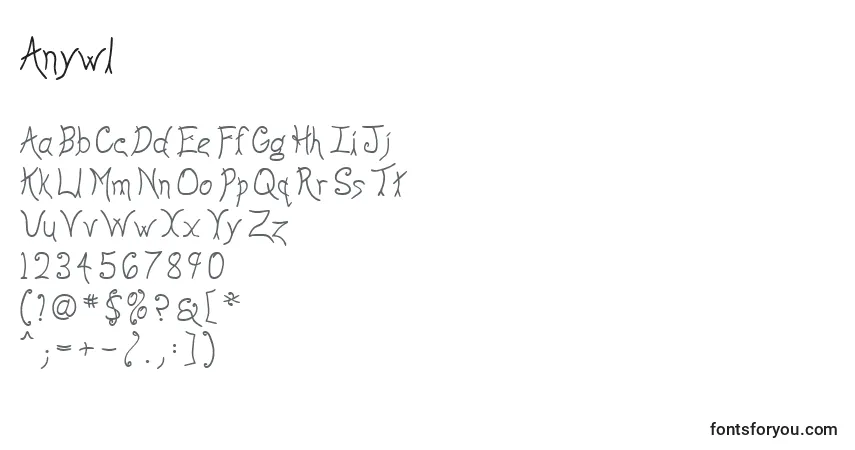 Schriftart Anywl – Alphabet, Zahlen, spezielle Symbole