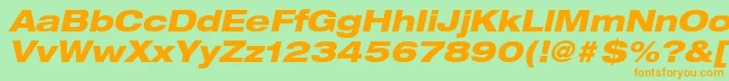 HelveticaLt83HeavyExtendedObliqueフォントについての詳細 フォントHelveticaLt83HeavyExtendedOblique – オレンジの文字が緑の背景にあります。