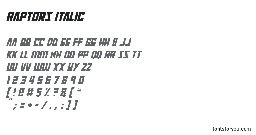 Schriftart Raptors Italic – Alphabet, Zahlen, spezielle Symbole