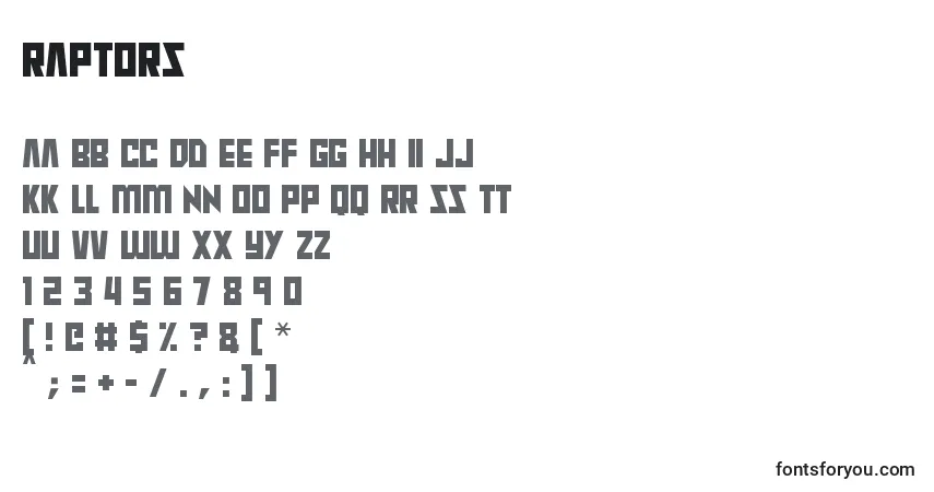 Schriftart Raptors (138190) – Alphabet, Zahlen, spezielle Symbole