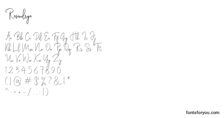 Schriftart Rasendrya – Alphabet, Zahlen, spezielle Symbole