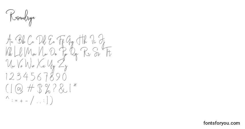 A fonte Rasendrya (138193) – alfabeto, números, caracteres especiais