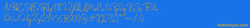 フォントRasendrya – オレンジ色の文字が青い背景にあります。