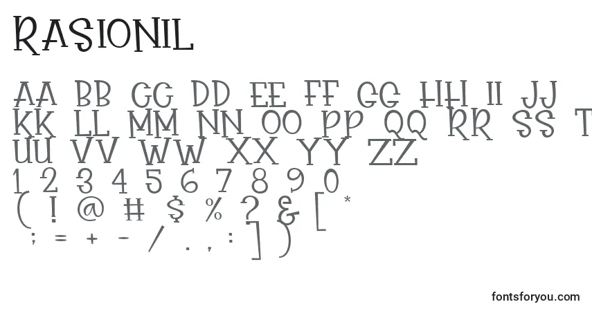Schriftart Rasionil – Alphabet, Zahlen, spezielle Symbole