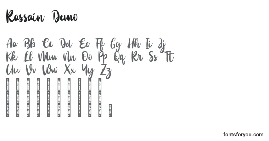 Czcionka Rassain Demo – alfabet, cyfry, specjalne znaki