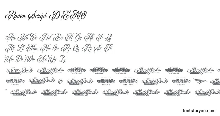 Raven Script DEMO-fontti – aakkoset, numerot, erikoismerkit
