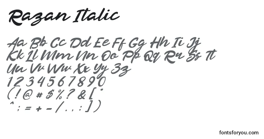 Шрифт Razan Italic – алфавит, цифры, специальные символы
