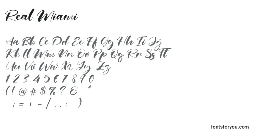 Schriftart Real Miami (138255) – Alphabet, Zahlen, spezielle Symbole