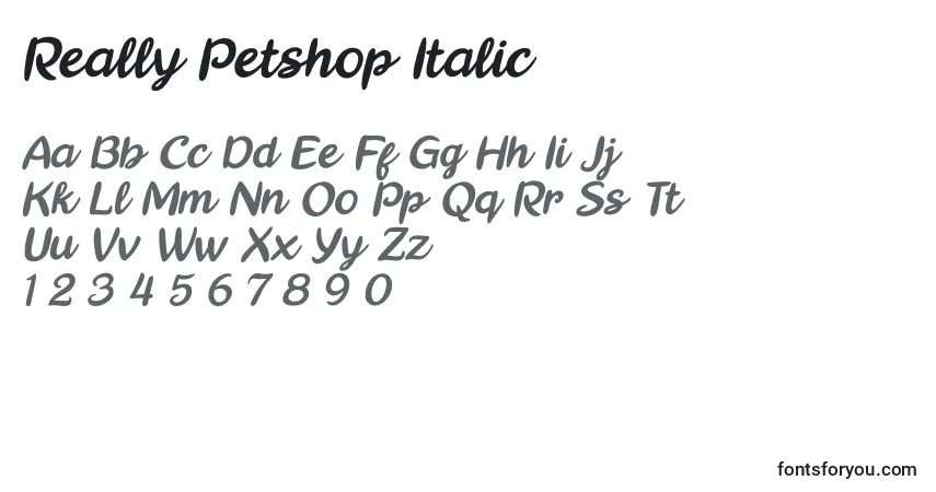 Schriftart Really Petshop Italic – Alphabet, Zahlen, spezielle Symbole