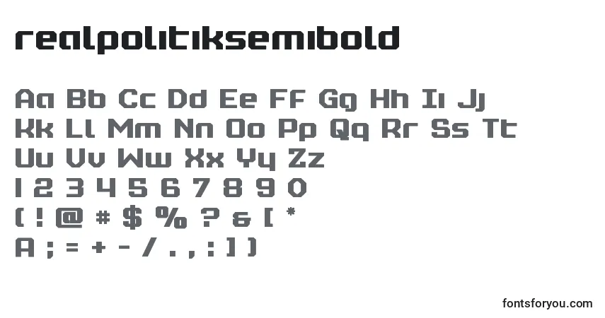 Czcionka Realpolitiksemibold – alfabet, cyfry, specjalne znaki