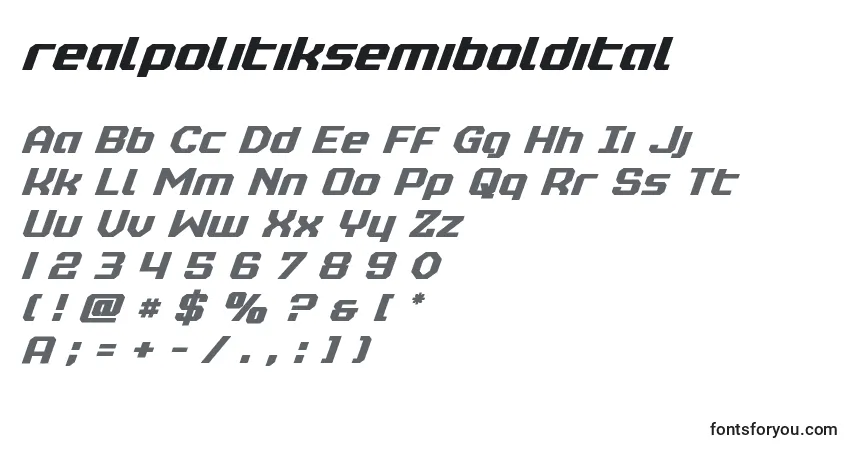 Czcionka Realpolitiksemiboldital – alfabet, cyfry, specjalne znaki