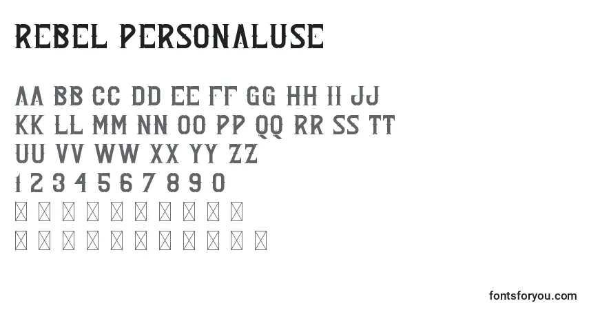 Czcionka Rebel PersonalUse – alfabet, cyfry, specjalne znaki