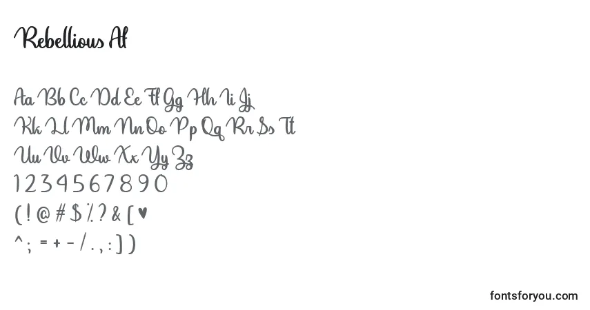 Czcionka Rebellious Af   – alfabet, cyfry, specjalne znaki