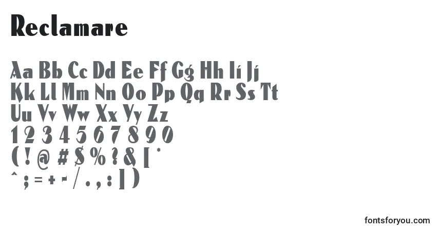 A fonte Reclamare (138335) – alfabeto, números, caracteres especiais