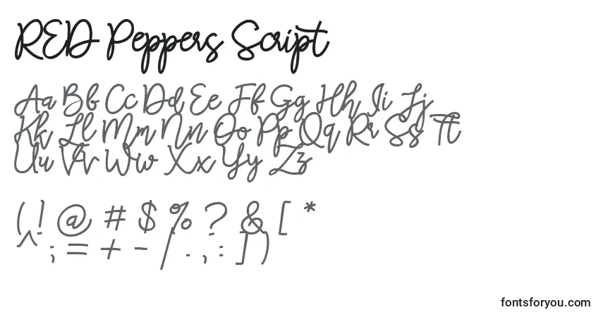 Schriftart RED Peppers Script – Alphabet, Zahlen, spezielle Symbole