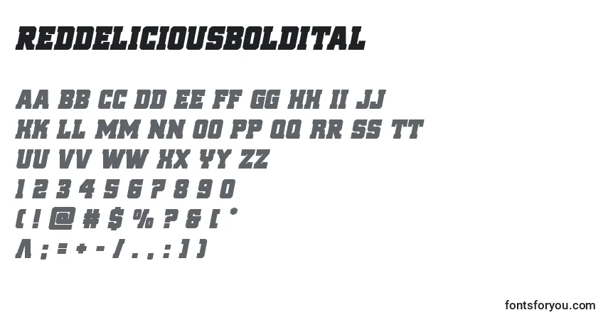 Шрифт Reddeliciousboldital – алфавит, цифры, специальные символы