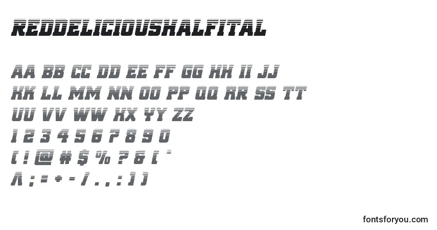 Czcionka Reddelicioushalfital – alfabet, cyfry, specjalne znaki