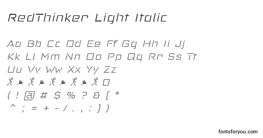 Schriftart RedThinker Light Italic – Alphabet, Zahlen, spezielle Symbole