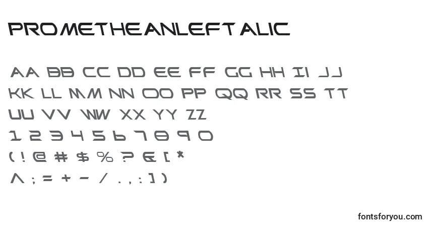 Schriftart PrometheanLeftalic – Alphabet, Zahlen, spezielle Symbole