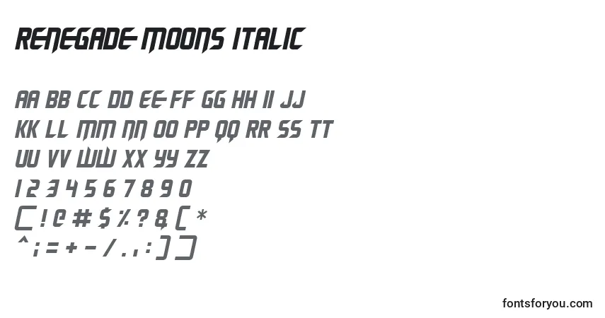 Шрифт Renegade Moons Italic (138456) – алфавит, цифры, специальные символы