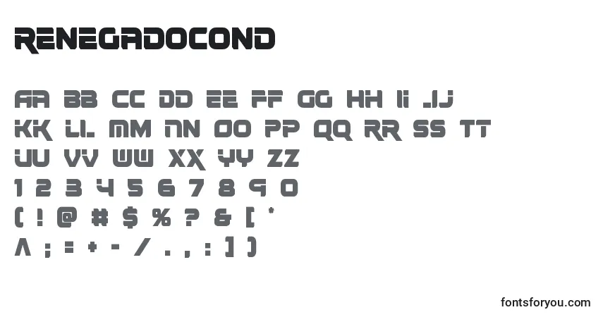 A fonte Renegadocond (138462) – alfabeto, números, caracteres especiais