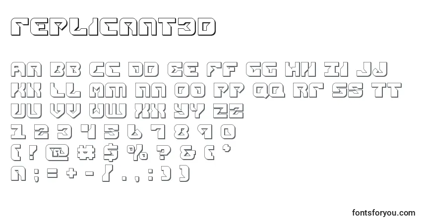Czcionka Replicant3d – alfabet, cyfry, specjalne znaki