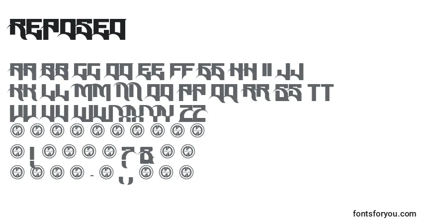 Czcionka Reposed – alfabet, cyfry, specjalne znaki
