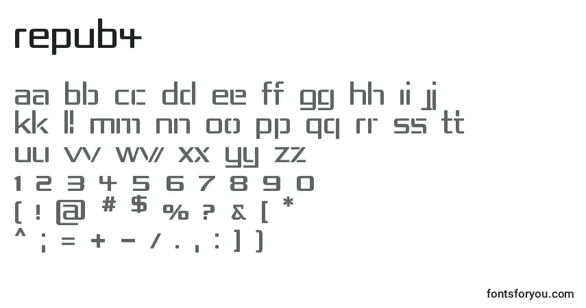 A fonte REPUB4   (138524) – alfabeto, números, caracteres especiais