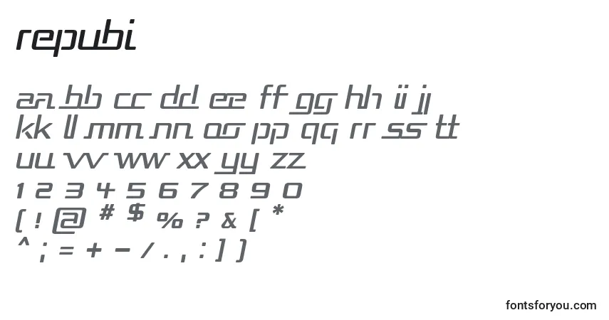 A fonte REPUBI   (138526) – alfabeto, números, caracteres especiais