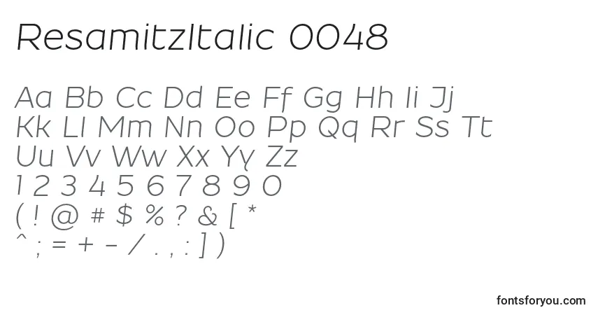 Czcionka ResamitzItalic 0048 – alfabet, cyfry, specjalne znaki