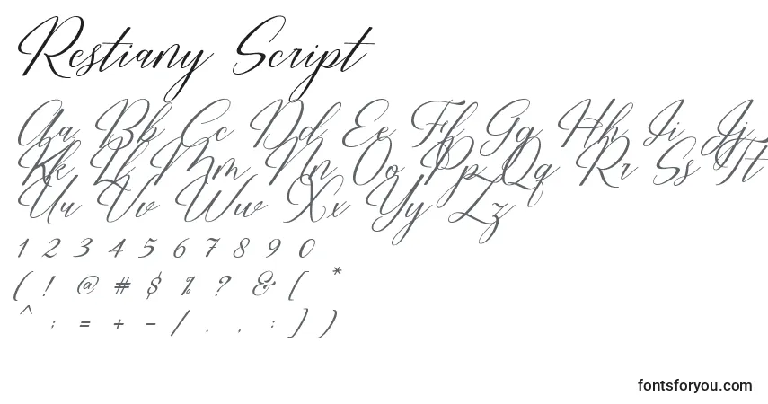 Czcionka Restiany Script – alfabet, cyfry, specjalne znaki