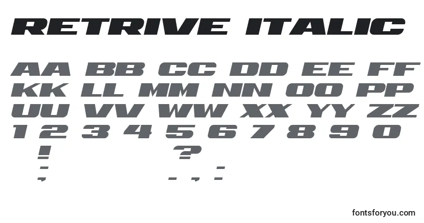 Schriftart Retrive Italic – Alphabet, Zahlen, spezielle Symbole