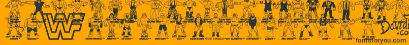 Fonte Retro WWF Hasbro Figures – fontes pretas em um fundo laranja