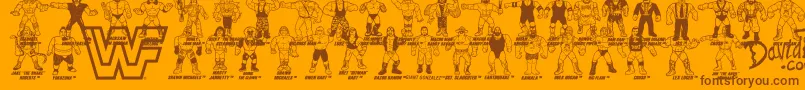 Lisätietoja Retro WWF Hasbro Figures-fontista Retro WWF Hasbro Figures-fontti – ruskeat fontit oranssilla taustalla