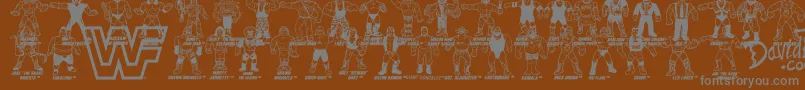 Retro WWF Hasbro Figures-Schriftart – Graue Schriften auf braunem Hintergrund