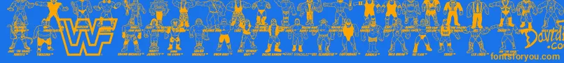 Retro WWF Hasbro Figures-Schriftart – Orangefarbene Schriften auf blauem Hintergrund
