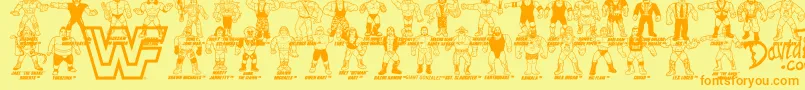 フォントRetro WWF Hasbro Figures – オレンジの文字が黄色の背景にあります。