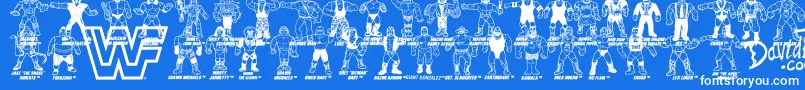 Retro WWF Hasbro Figures-Schriftart – Weiße Schriften auf blauem Hintergrund