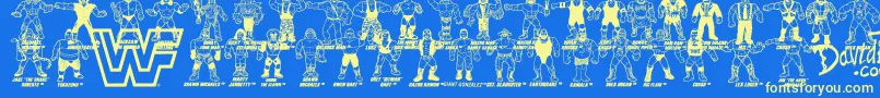 Fonte Retro WWF Hasbro Figures – fontes amarelas em um fundo azul