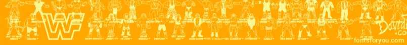 Fonte Retro WWF Hasbro Figures – fontes amarelas em um fundo laranja