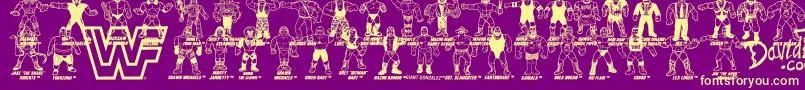 Retro WWF Hasbro Figures-Schriftart – Gelbe Schriften auf violettem Hintergrund