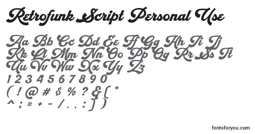 A fonte Retrofunk Script Personal Use – alfabeto, números, caracteres especiais