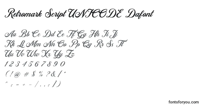 Czcionka Retromark Script UNICODE Dafont – alfabet, cyfry, specjalne znaki