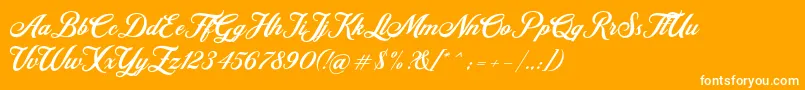 Retromark Script UNICODE Dafont-Schriftart – Weiße Schriften auf orangefarbenem Hintergrund