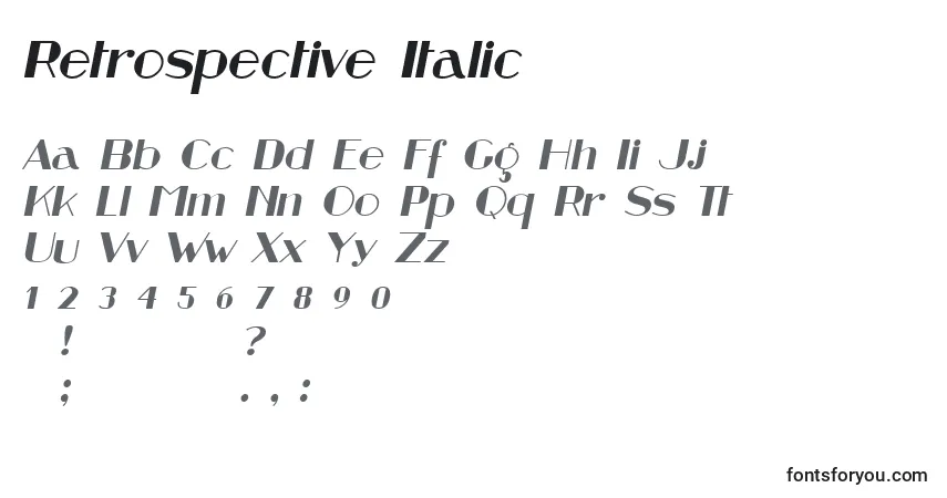 Czcionka Retrospective Italic – alfabet, cyfry, specjalne znaki